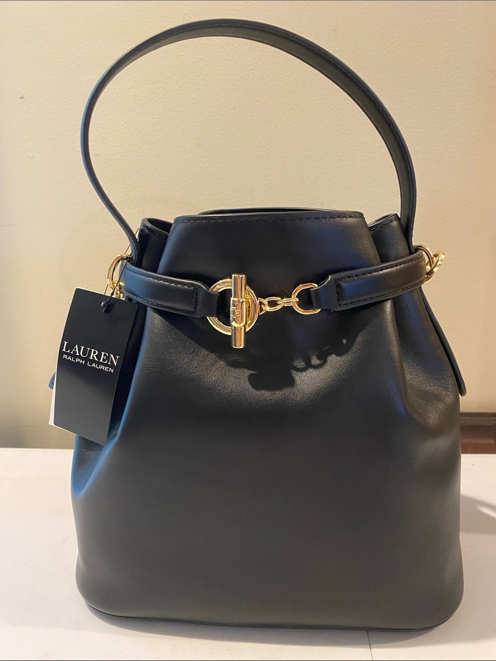 Lauren Ralph Lauren Black Leather Blaike Bucket Shoulder Bag with Gold Hardware